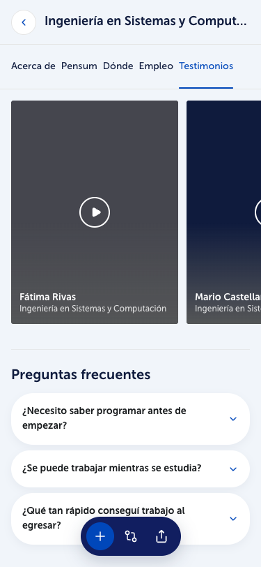Vista «Testimonios» de la ficha de carrera, con las historias vinculadas y las preguntas frecuentes