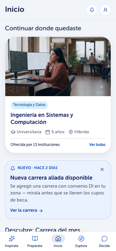 Pantalla de Inicio del prototipo, con la carrera en curso, un aviso de carrera aliada y la barra de los cuatro módulos