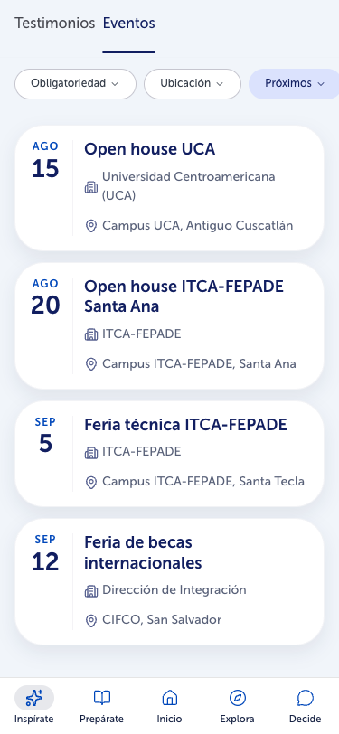 Cartelera de encuentros en el prototipo