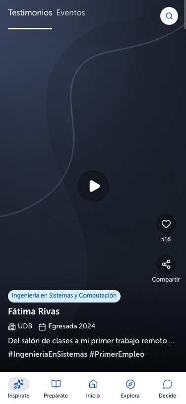 Feed de testimonios en el prototipo
