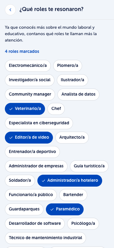 Pantalla de roles de Prepárate en el prototipo